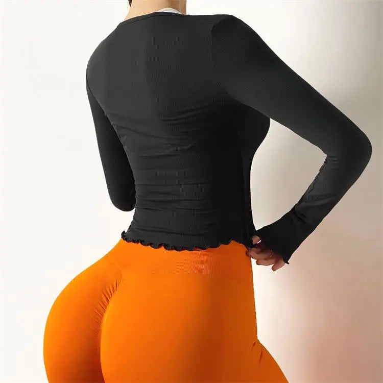 ANNIEGO Lace-Up Long Sleeve Yoga Top – Slim Fit, Quick-Dry, Dance Style