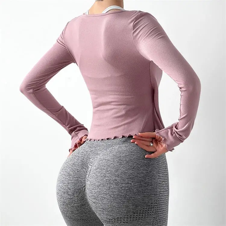 ANNIEGO Lace-Up Long Sleeve Yoga Top – Slim Fit, Quick-Dry, Dance Style