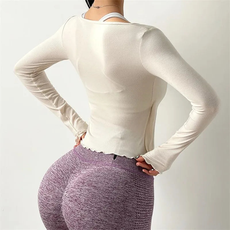 ANNIEGO Lace-Up Long Sleeve Yoga Top – Slim Fit, Quick-Dry, Dance Style