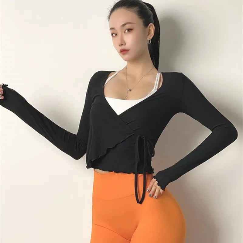 ANNIEGO Lace-Up Long Sleeve Yoga Top – Slim Fit, Quick-Dry, Dance Style