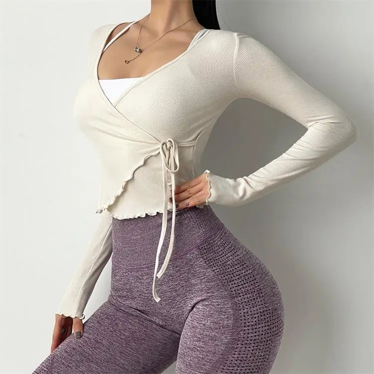 ANNIEGO Lace-Up Long Sleeve Yoga Top – Slim Fit, Quick-Dry, Dance Style