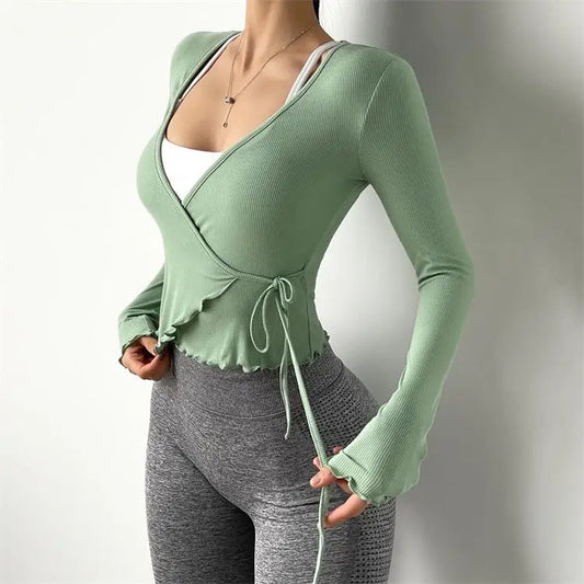 ANNIEGO Lace-Up Long Sleeve Yoga Top – Slim Fit, Quick-Dry, Dance Style