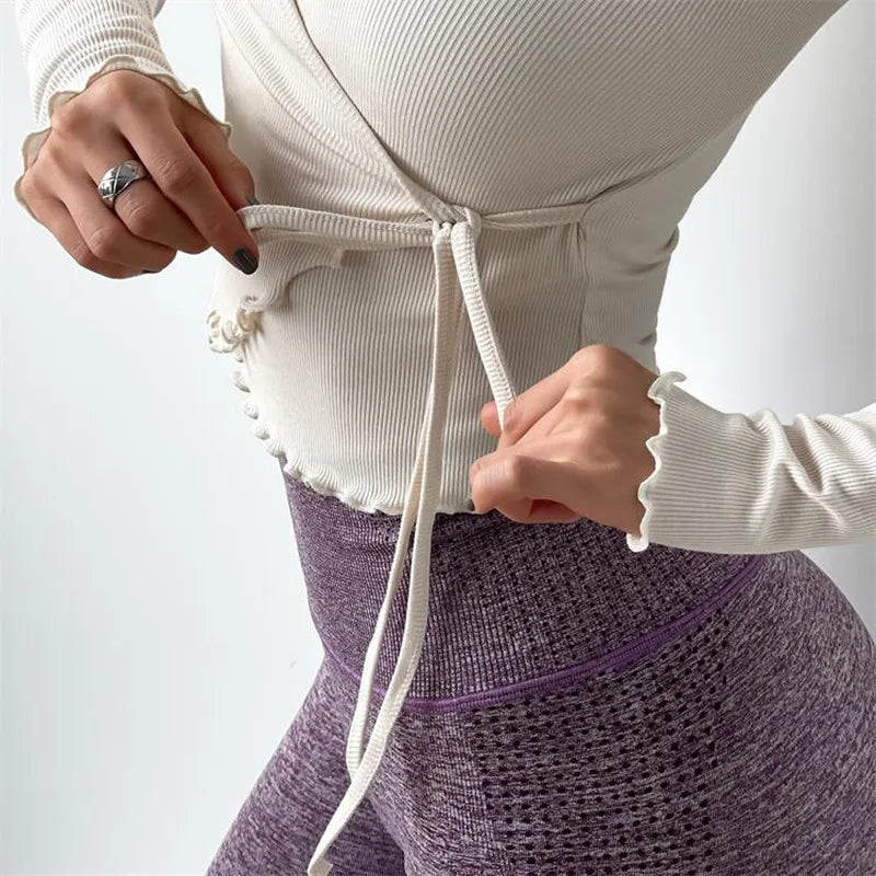 ANNIEGO Lace-Up Long Sleeve Yoga Top – Slim Fit, Quick-Dry, Dance Style