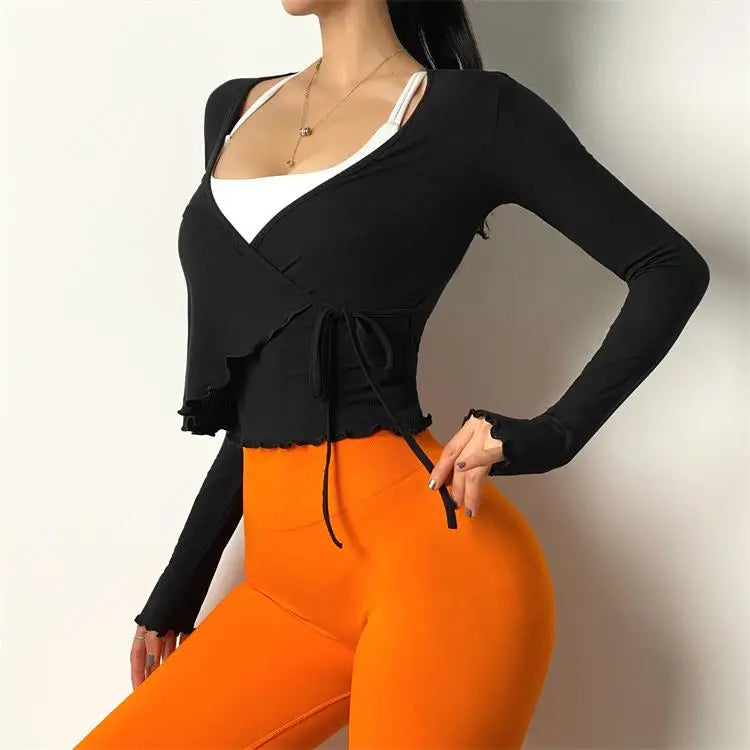 ANNIEGO Lace-Up Long Sleeve Yoga Top – Slim Fit, Quick-Dry, Dance Style