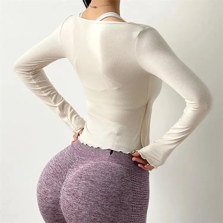 ANNIEGO Lace-Up Long Sleeve Yoga Top – Slim Fit, Quick-Dry, Dance Style