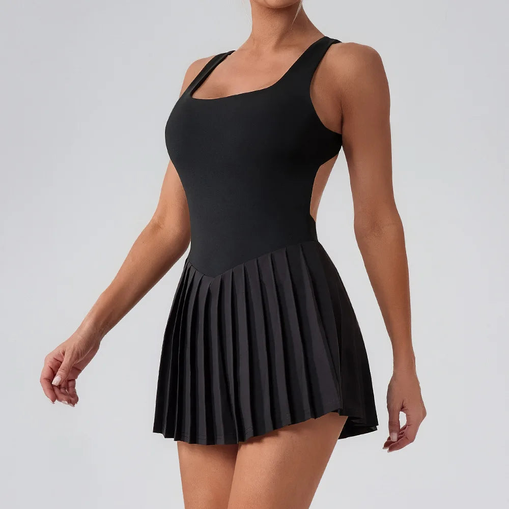 ANNIEGO Tennis Dress with Built-In Shorts – Backless, Lightweight Activewear