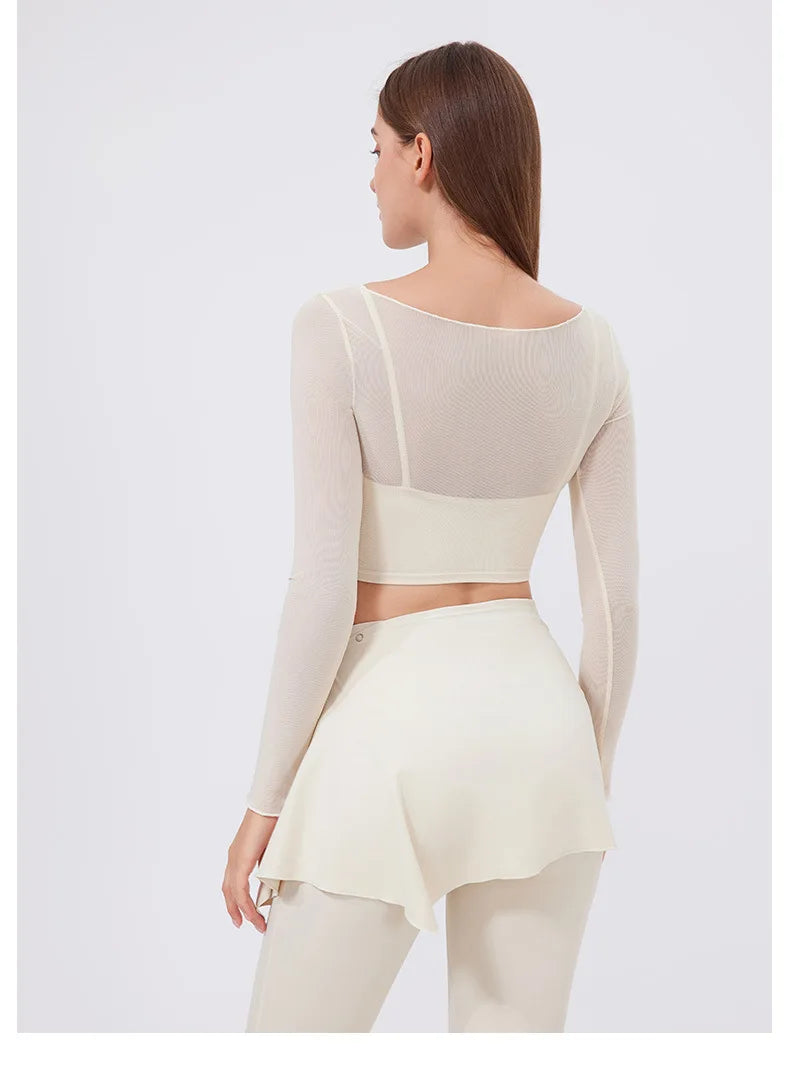 ANNIEGO Layered Mesh Long Sleeve – Slim Fit, Built-In Bra, Quick-Dry