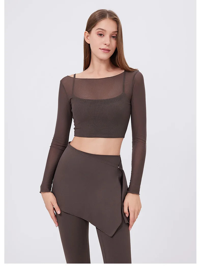 ANNIEGO Layered Mesh Long Sleeve – Slim Fit, Built-In Bra, Quick-Dry