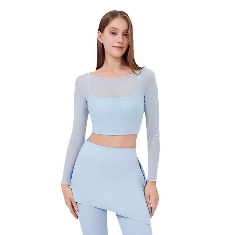 ANNIEGO Layered Mesh Long Sleeve – Slim Fit, Built-In Bra, Quick-Dry