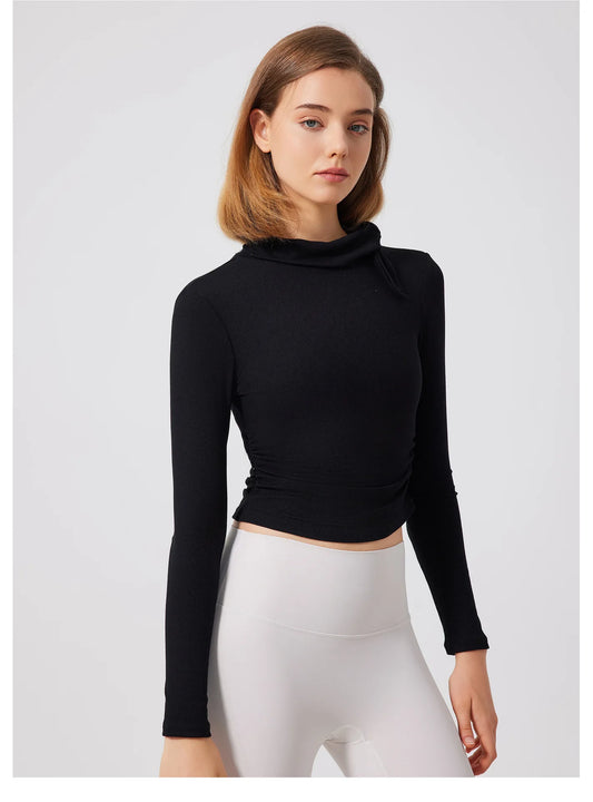 ANNIEGO High Neck Ribbed Long Sleeve Sports Top – Slim Fit Yoga & Running Shirt