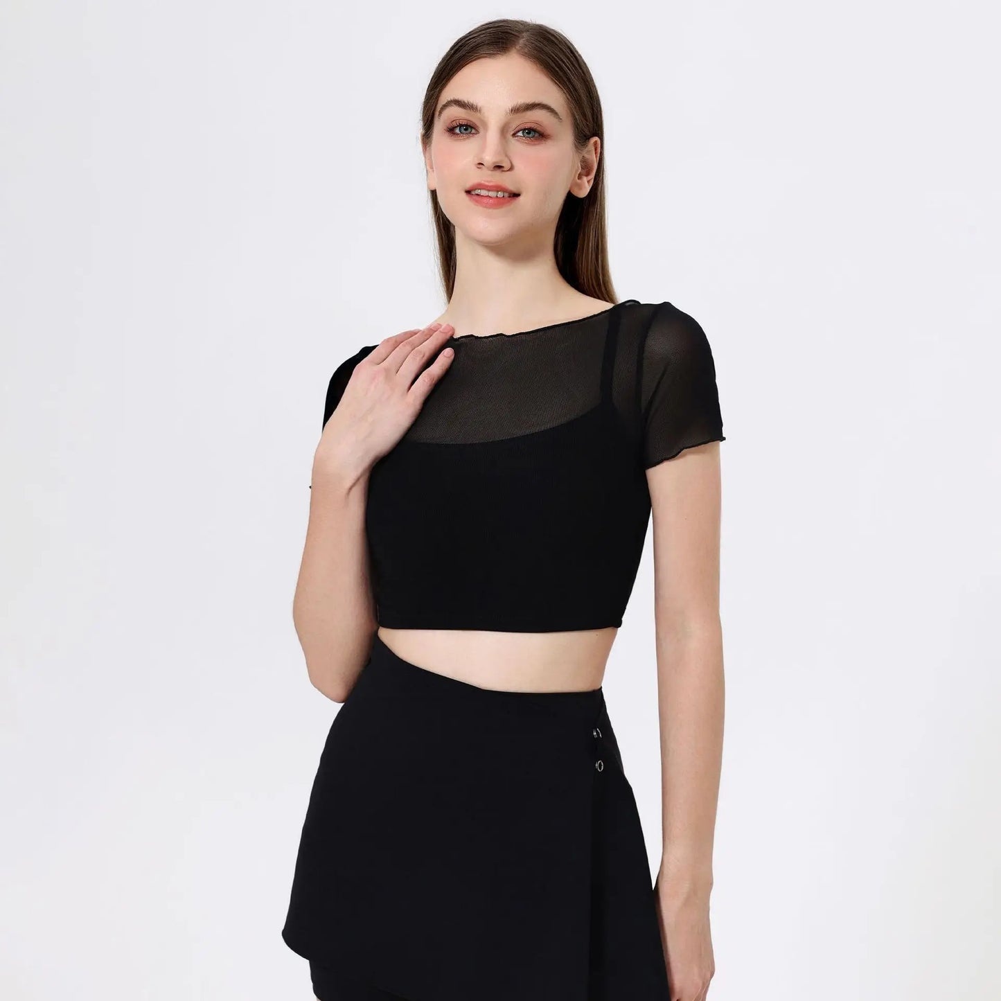 ANNIEGO Quick-Dry 2-in-1 Yoga Top – Built-in Bra Mesh Sports T-Shirt