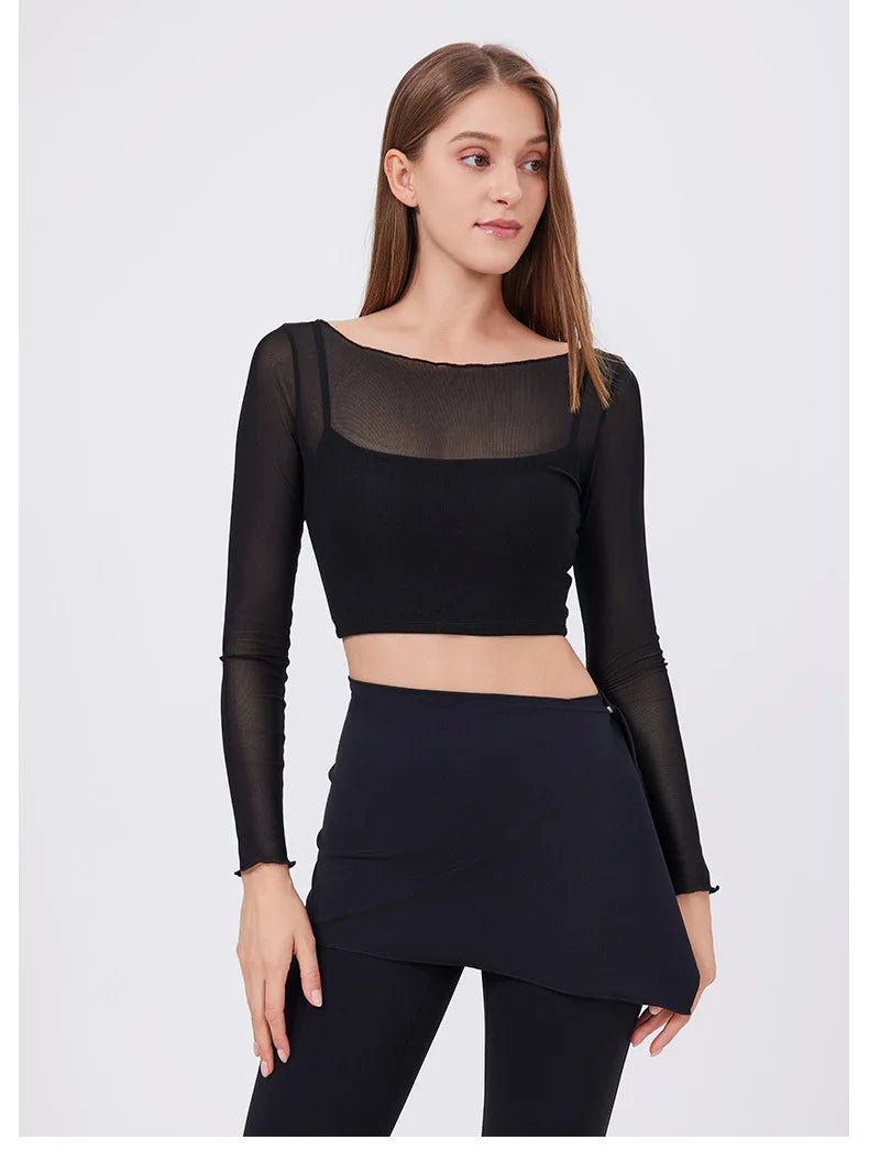 ANNIEGO Layered Mesh Long Sleeve – Slim Fit, Built-In Bra, Quick-Dry