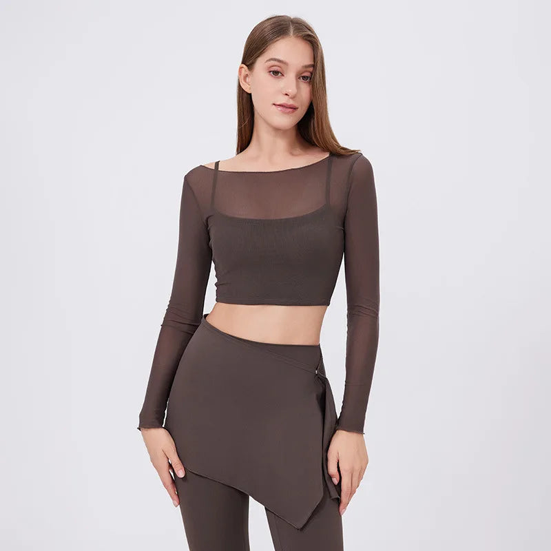ANNIEGO Layered Mesh Long Sleeve – Slim Fit, Built-In Bra, Quick-Dry