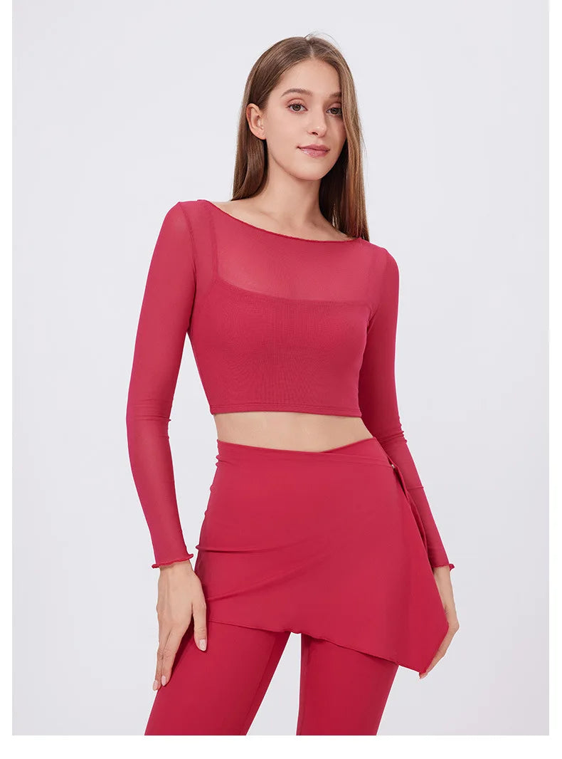 ANNIEGO Layered Mesh Long Sleeve – Slim Fit, Built-In Bra, Quick-Dry