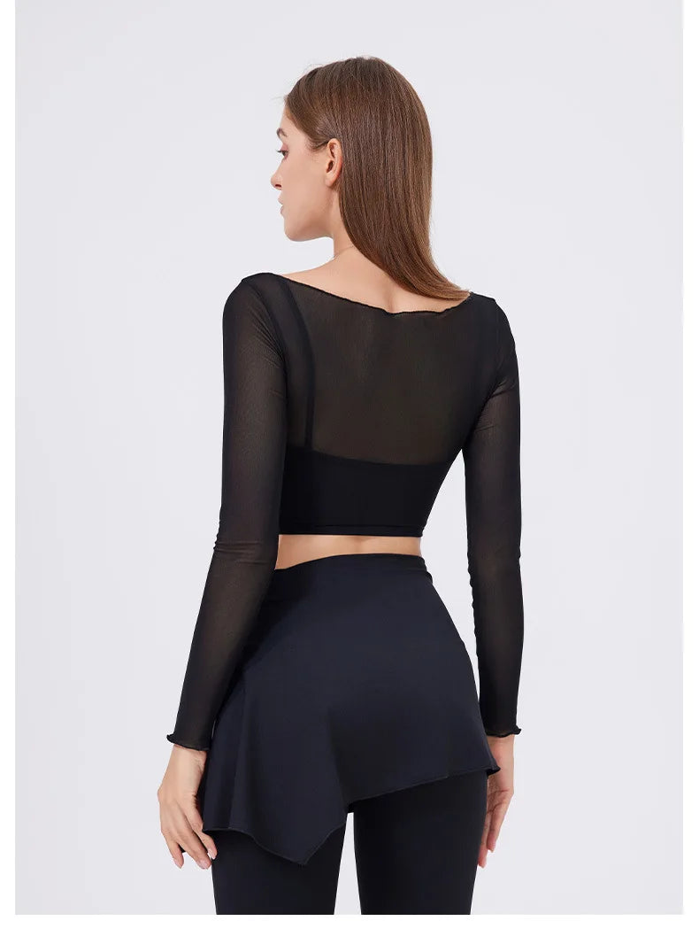 ANNIEGO Layered Mesh Long Sleeve – Slim Fit, Built-In Bra, Quick-Dry