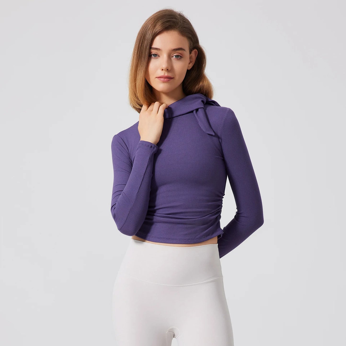 ANNIEGO High Neck Ribbed Long Sleeve Sports Top – Slim Fit Yoga & Running Shirt