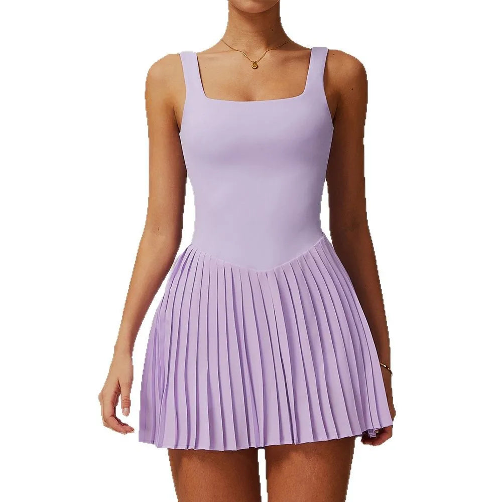ANNIEGO Tennis Dress with Built-In Shorts – Backless, Lightweight Activewear
