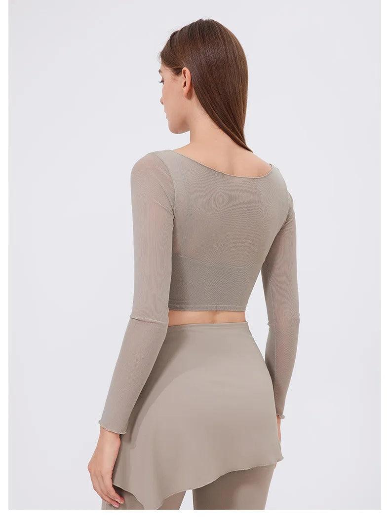 ANNIEGO Layered Mesh Long Sleeve – Slim Fit, Built-In Bra, Quick-Dry