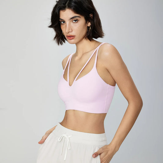 ANNIEGO Double Strap V-Neck Bra – Padded, Slim Fit, Workout Style