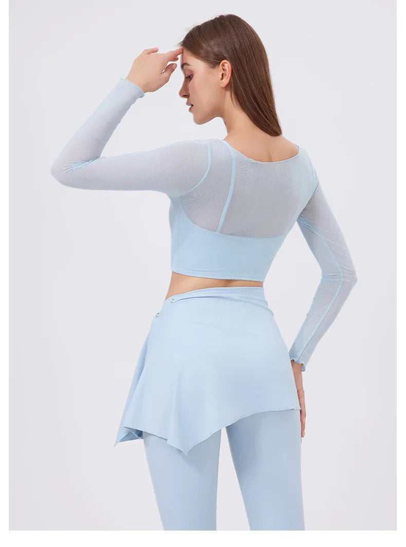 ANNIEGO Layered Mesh Long Sleeve – Slim Fit, Built-In Bra, Quick-Dry