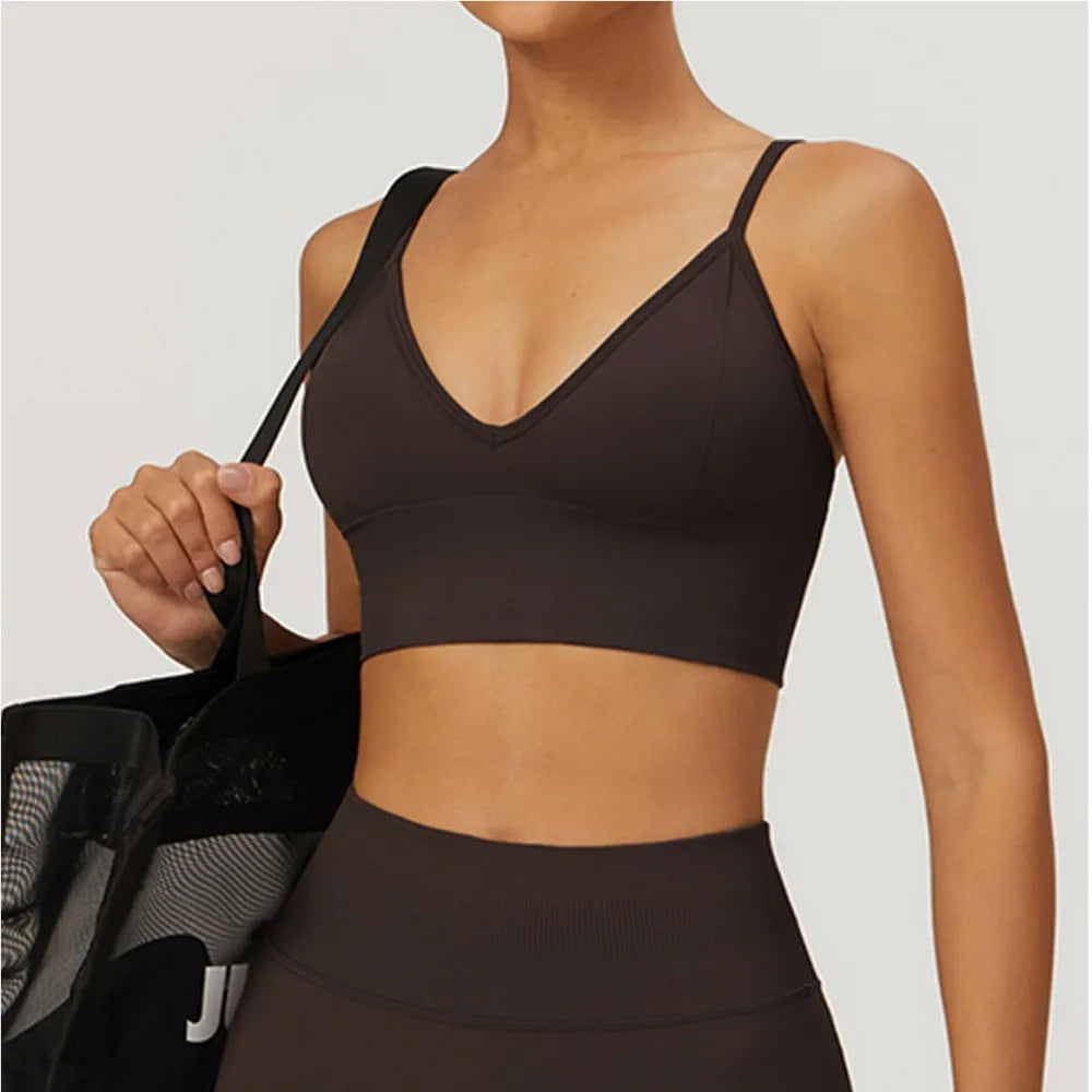 ANNIEGO V-Neck Sports Bra – Adjustable Straps, Shockproof, Quick-Dry