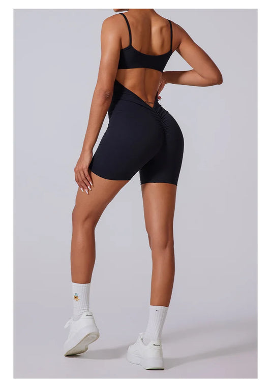 ANNIEGO Cut-Out Yoga Jumpsuit – V-Waist Slim Fit One-Piece for Gym, Dance, Training