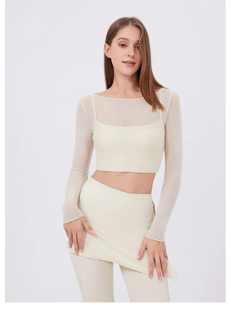 ANNIEGO Layered Mesh Long Sleeve – Slim Fit, Built-In Bra, Quick-Dry
