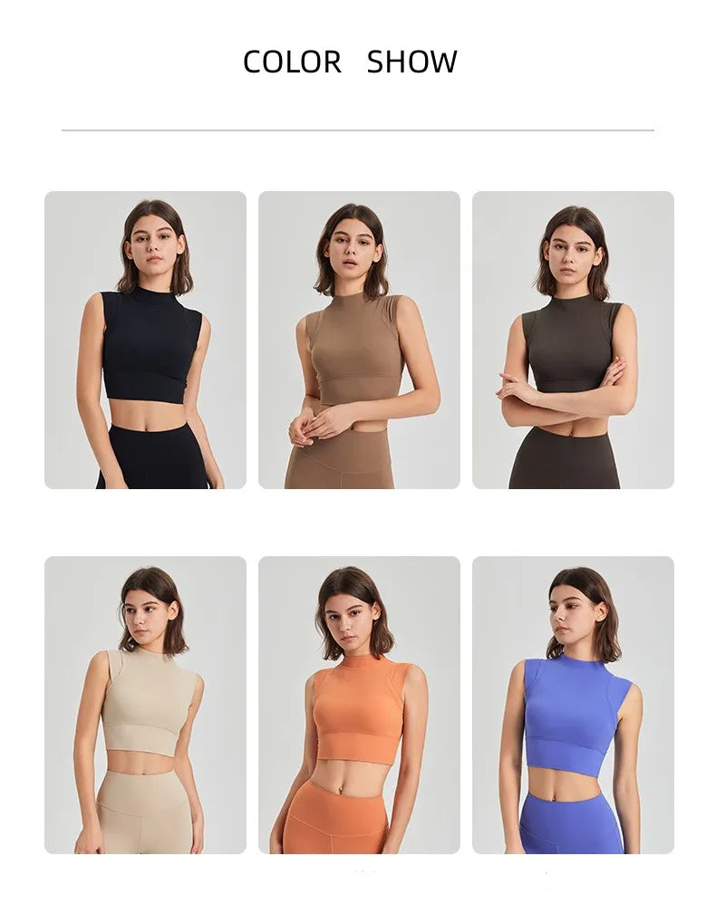 ANNIEGO High Collar Yoga Tank – Built-in Bra, Quick-Dry, Shockproof Fit