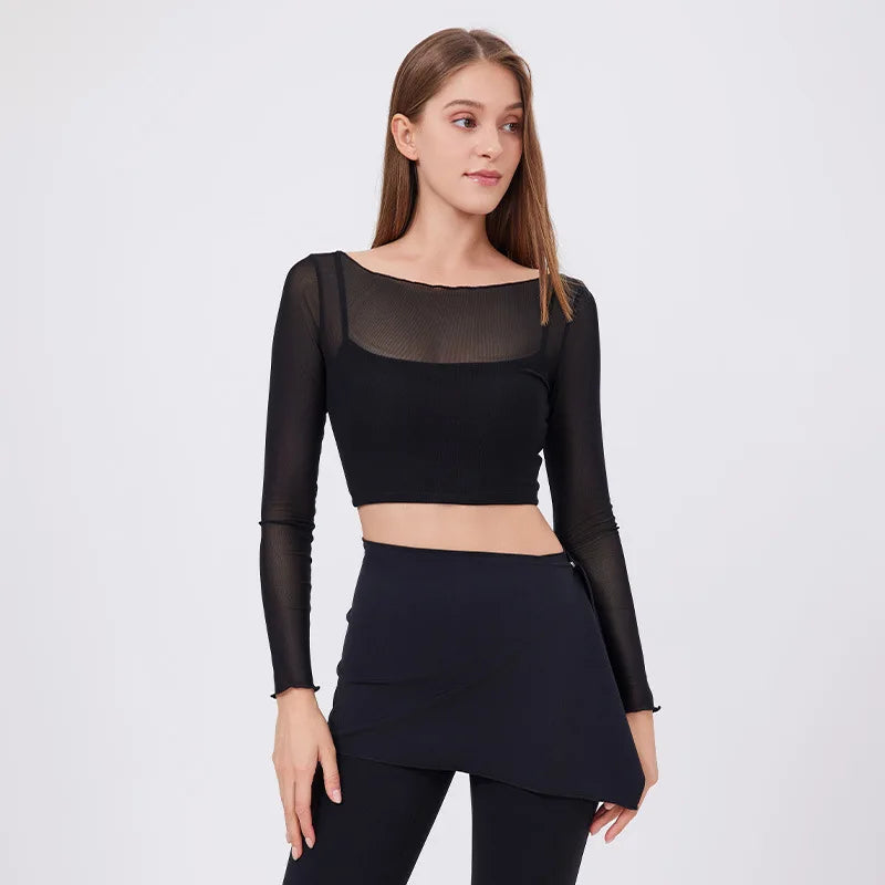 ANNIEGO Layered Mesh Long Sleeve – Slim Fit, Built-In Bra, Quick-Dry
