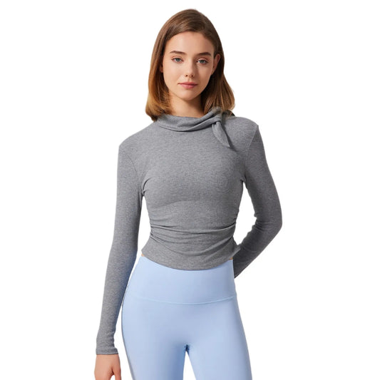 ANNIEGO High Neck Ribbed Long Sleeve Sports Top – Slim Fit Yoga & Running Shirt