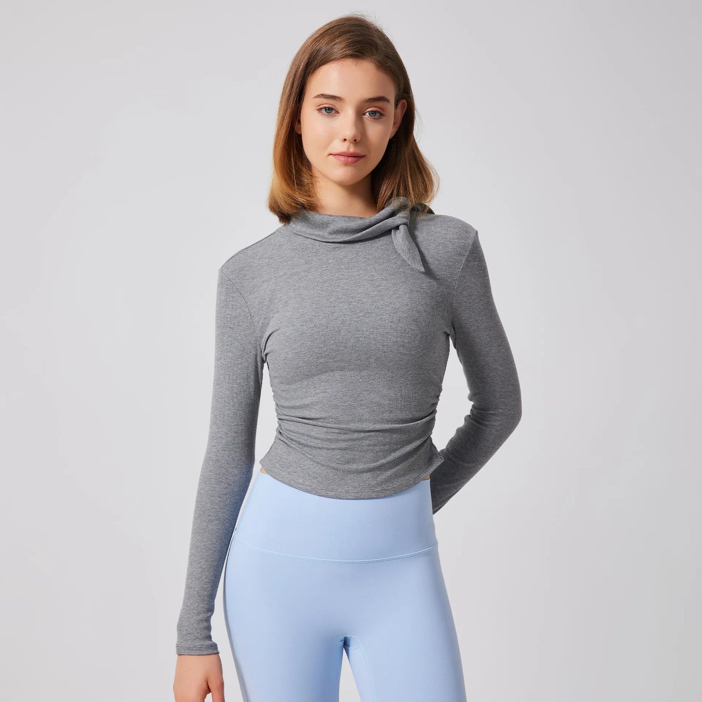 ANNIEGO High Neck Ribbed Long Sleeve Sports Top – Slim Fit Yoga & Running Shirt