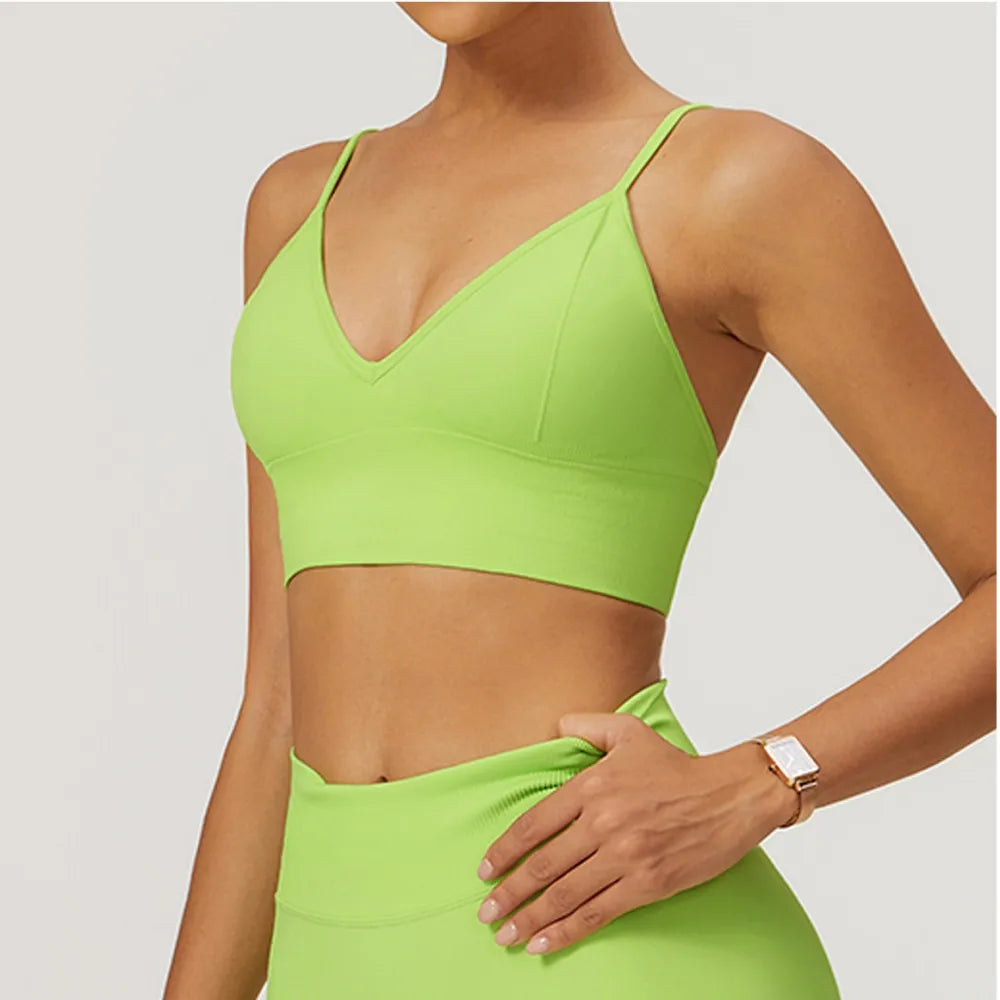 ANNIEGO V-Neck Sports Bra – Adjustable Straps, Shockproof, Quick-Dry
