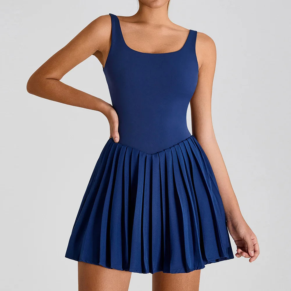 ANNIEGO Tennis Dress with Built-In Shorts – Backless, Lightweight Activewear