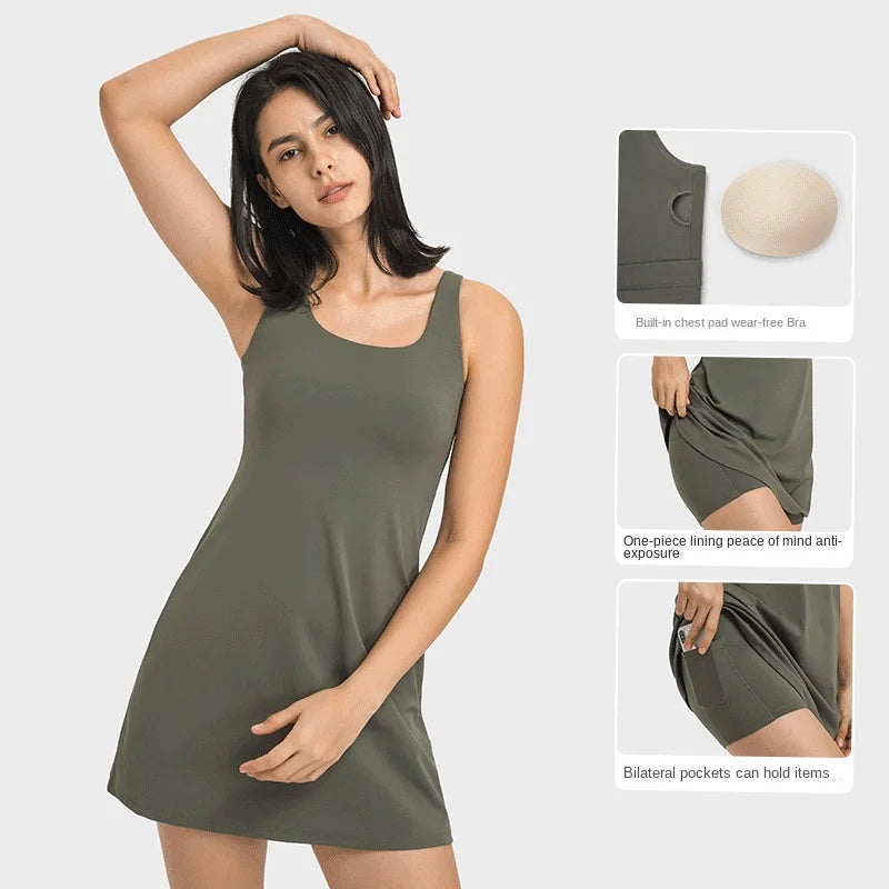 ANNIEGO Summer Sports Dress – Sleeveless Tennis Skirt with Inner Shorts & Bra Pad