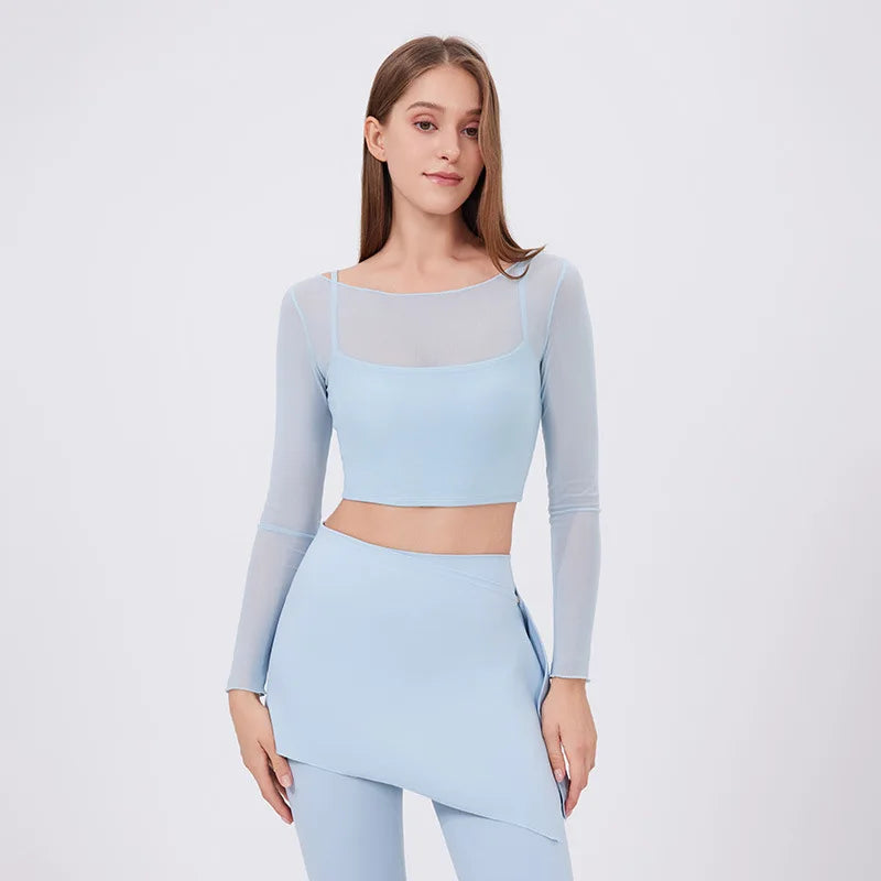 ANNIEGO Layered Mesh Long Sleeve – Slim Fit, Built-In Bra, Quick-Dry