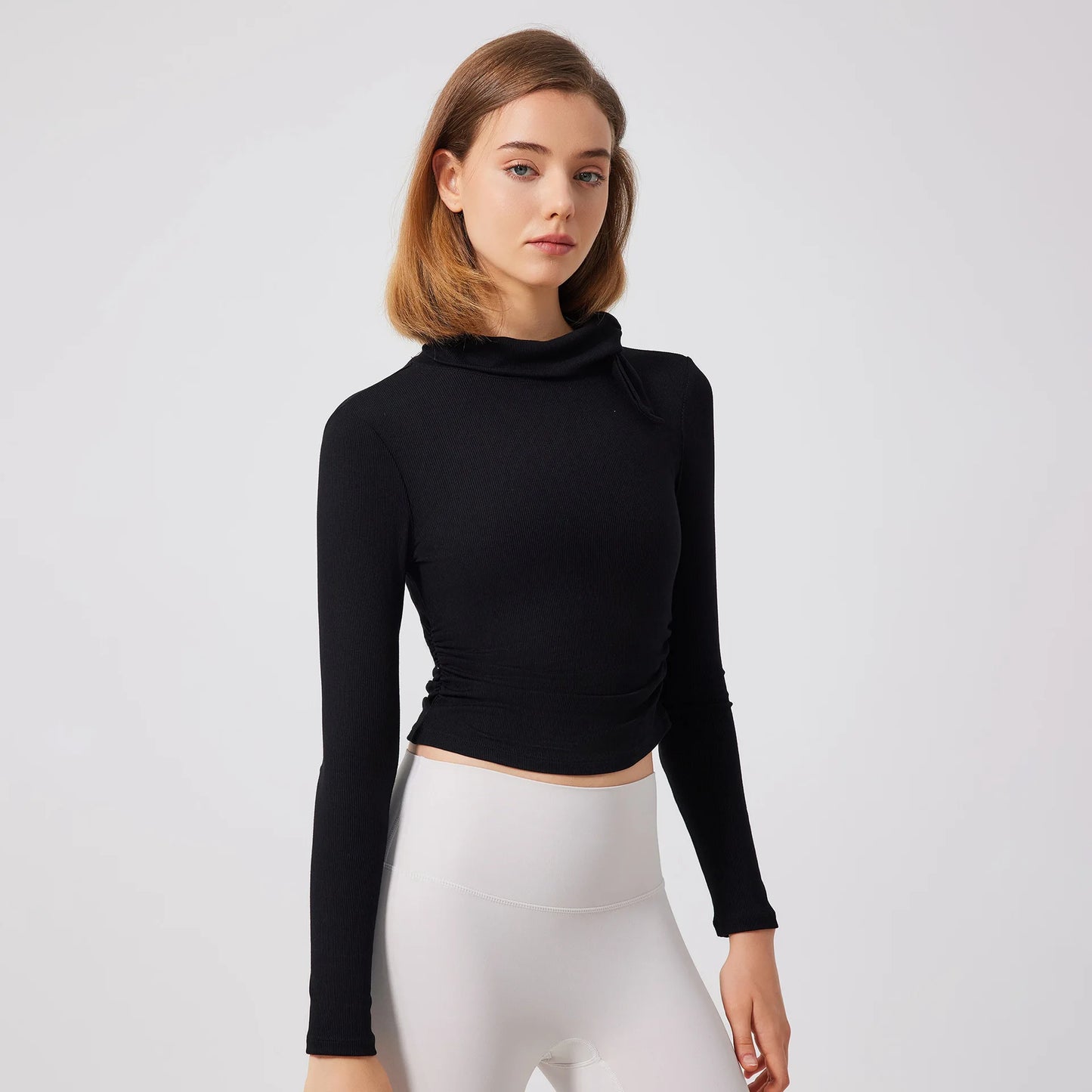 ANNIEGO High Neck Ribbed Long Sleeve Sports Top – Slim Fit Yoga & Running Shirt