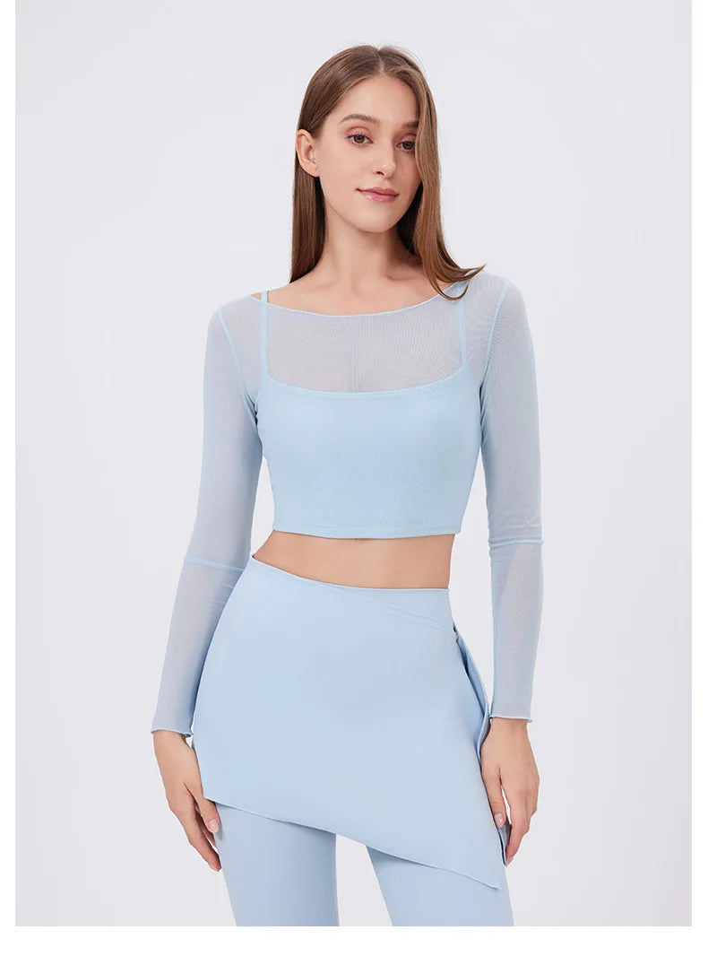 ANNIEGO Layered Mesh Long Sleeve – Slim Fit, Built-In Bra, Quick-Dry