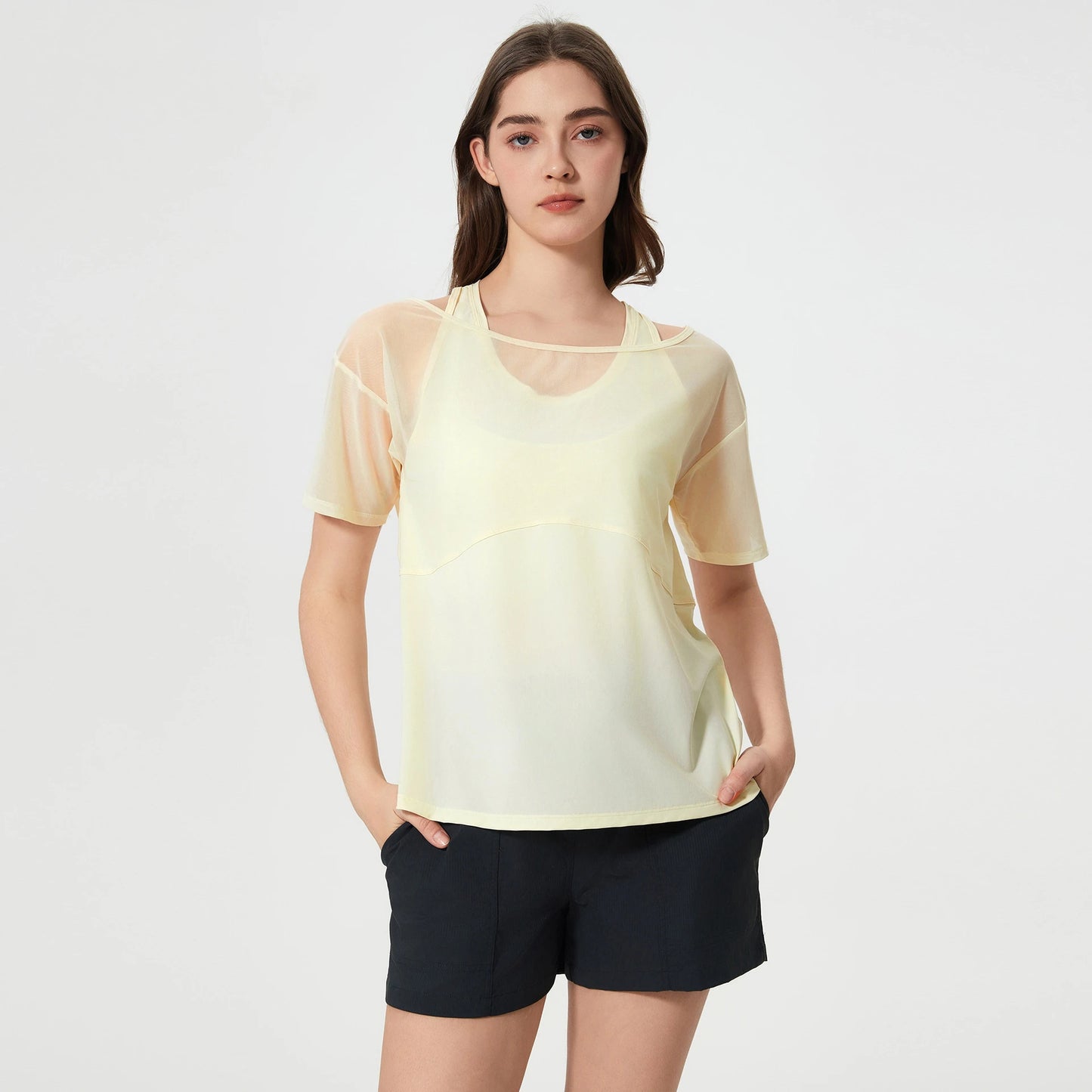 ANNIEGO Women’s Quick-Dry Yoga Tee – 2-in-1 Breathable Running Fitness Top