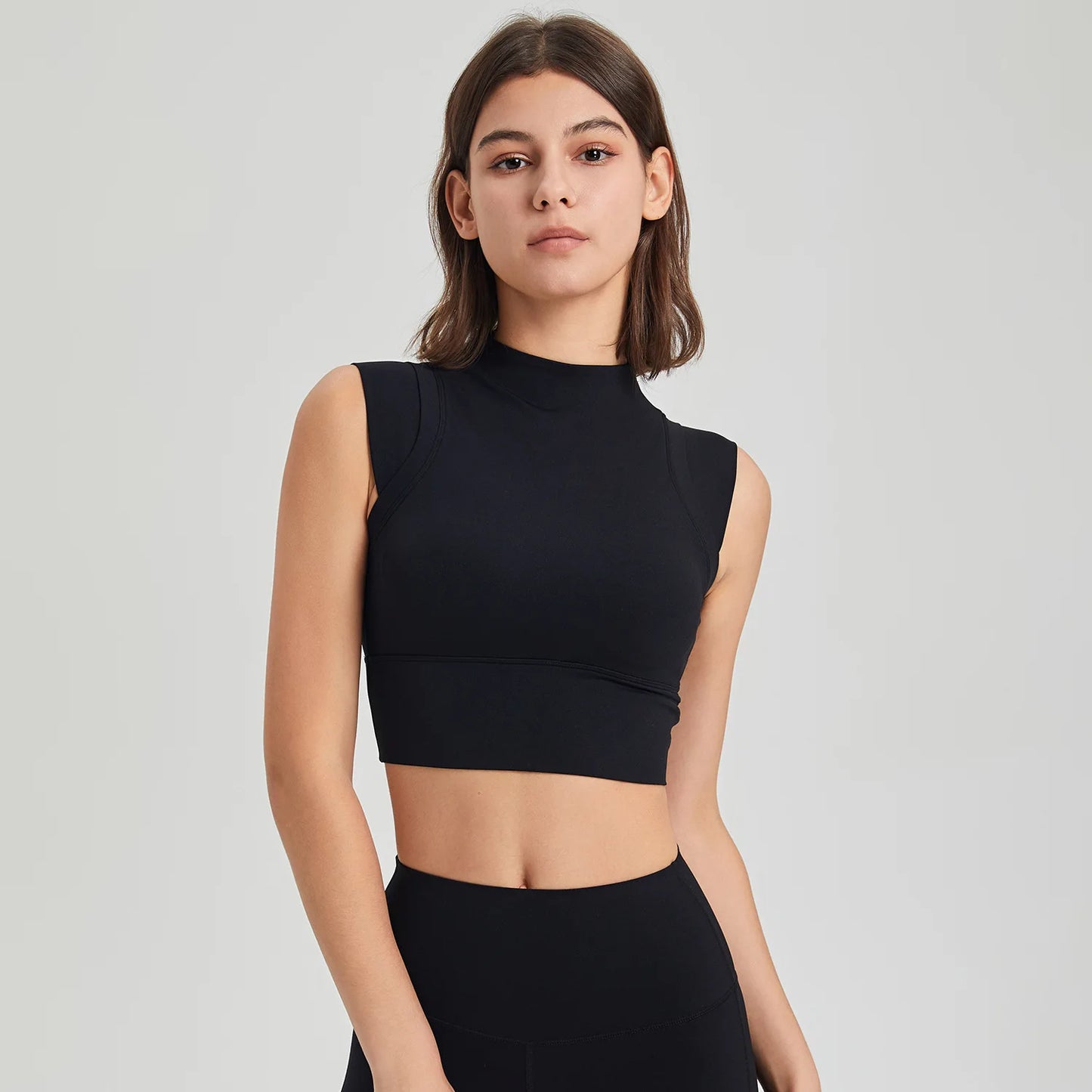 ANNIEGO High Collar Yoga Tank – Built-in Bra, Quick-Dry, Shockproof Fit