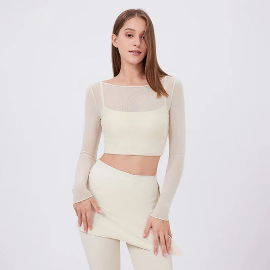 ANNIEGO Layered Mesh Long Sleeve – Slim Fit, Built-In Bra, Quick-Dry